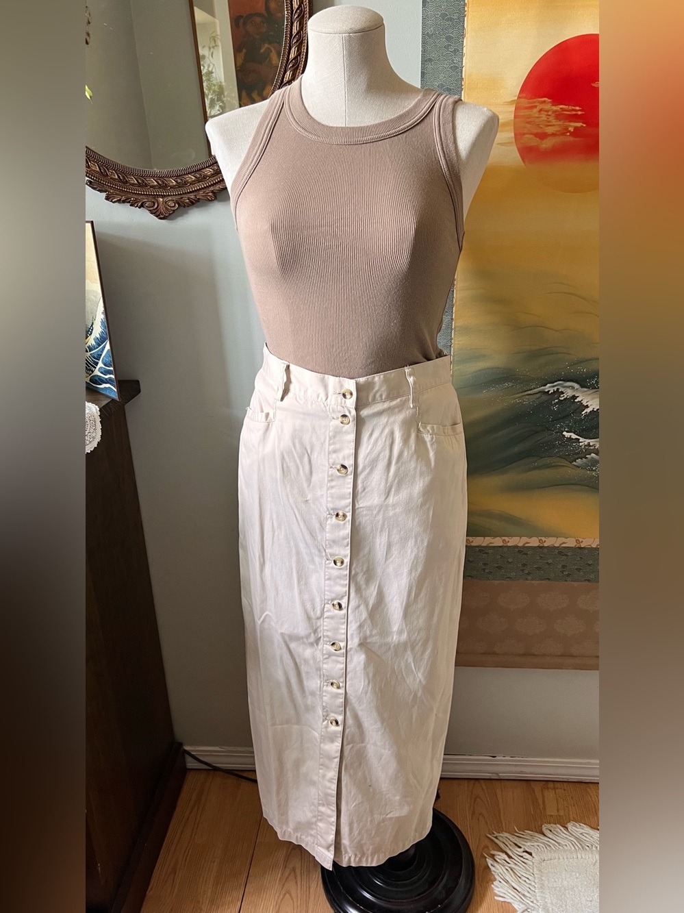 Eddie Bauer Cream Button-Front Midi Skirt